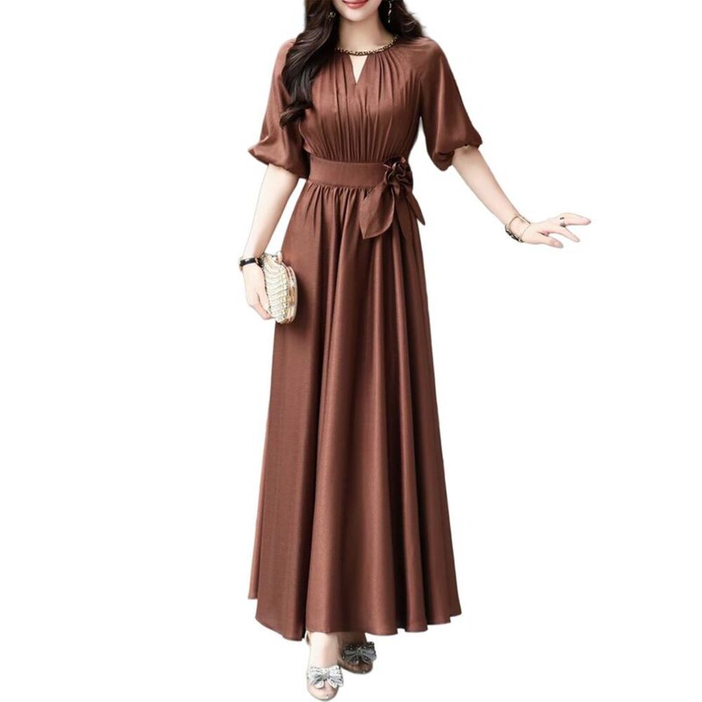 Burryco Womens  Short Sleeve Solid Maxi Dress, Brown